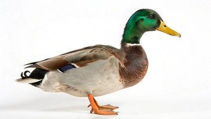 Fototapeta premium Mallard duck with vibrant green head, yellow bill, and brown chest, standing on a clean white studio background, sharp focus, professional lighting, detailed wildlife photography