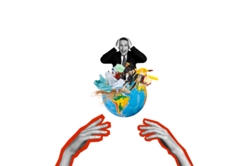 Sketch image photo collage of earth planet ecology pollution climate change global warming man shocked headache scream hand silhouette