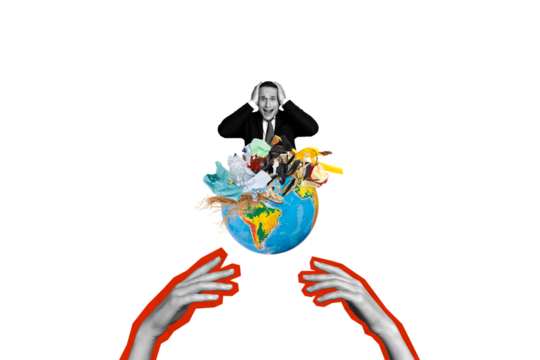 Sketch image photo collage of earth planet ecology pollution climate change global warming man shocked headache scream hand silhouette