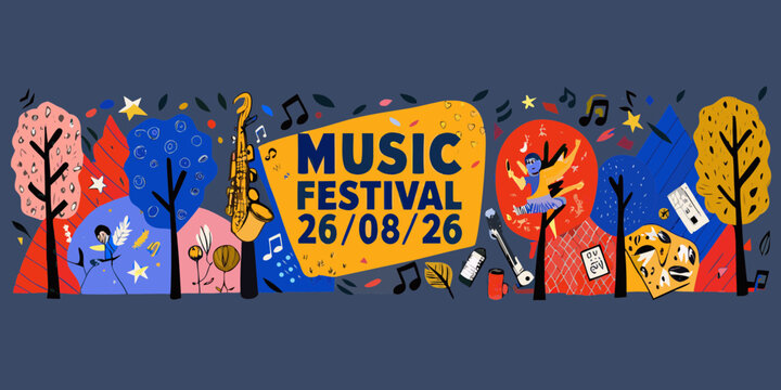 Vibrant music festival announcement with musical instruments and abstract trees