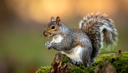 Obraz premium A detailed shot showcases a fluffy, grey animal perched atop a mossy stump. It clutches something in its paws against a blurry background