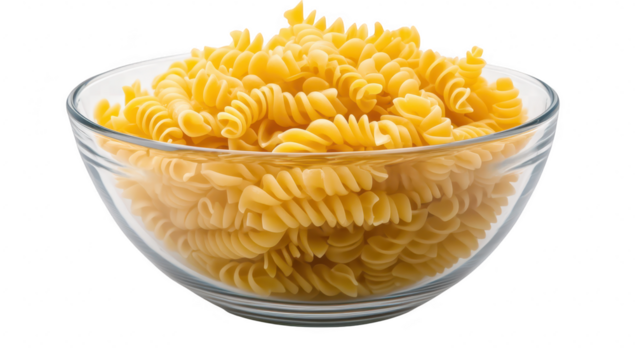 A close-up view of a transparent glass bowl filled with uncooked spiral pasta. its yellow color. with a clean background that emphasizes the pastas texture and shape