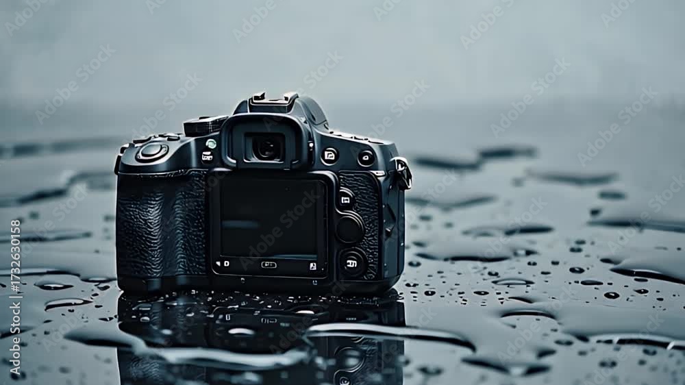 Wall mural cinematic dslr camera back view showing screen and buttons on wet pavement ai-generated video. rear 