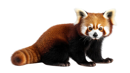 Obraz premium Cute red panda with fluffy tail and distinctive facial markings sits on transparent background. Its reddish brown fur and curious expression make it adorable subject for various designs