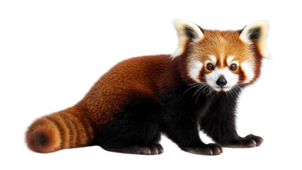 Cute red panda with fluffy tail and distinctive facial markings sits on transparent background. Its reddish brown fur and curious expression make it adorable subject for various designs