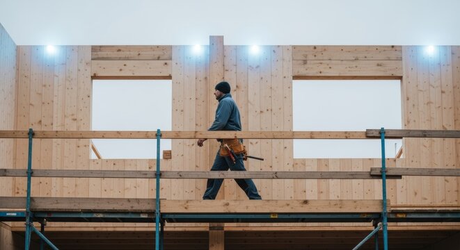 Construction worker with tool belt walking along wooden lumber frame structure on building site with metal scaffolding and bright lighting overhead