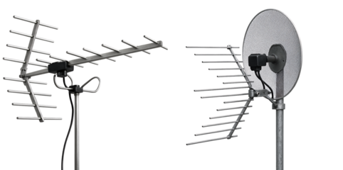 Set of antennas: Metal antennas on a transparent background. Signal. Communication. Technology.