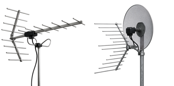 Set of antennas: Metal antennas on a transparent background. Signal. Communication. Technology.