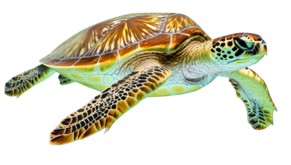 A green sea turtle gracefully swimming through crystal-clear waters. its intricate shell patterns and serene movement. with sunlight filtering through the surface above