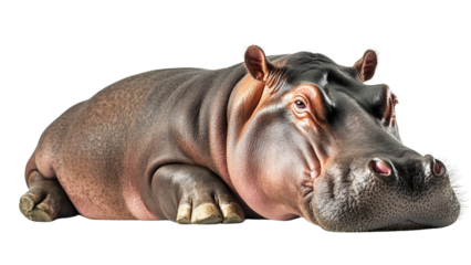Hippo rests peacefully on transparent background showcasing its massive body and textured skin. serene expression adds touch of calmness to scene