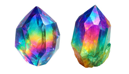 Set of rainbow crystals: Two bright rainbow crystals on a transparent background. Magic. Energy. Minerals.