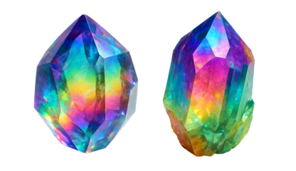 Set of rainbow crystals: Two bright rainbow crystals on a transparent background. Magic. Energy. Minerals.