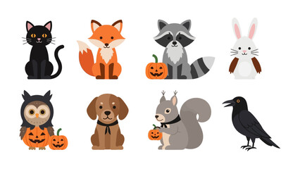 Animal Halloween Crew: A cute cartoon illustration of an array of animals, each with its own pumpkin, creating a whimsical scene for Halloween celebrations.