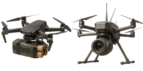 Set of drones: Modern camera drone in flight on a transparent background. Technology. Filming. Innovation.