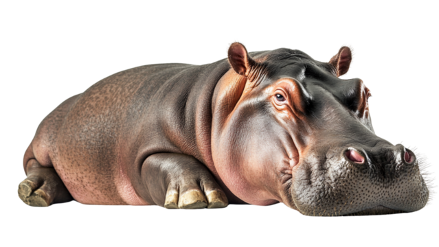 Hippo rests peacefully on transparent background showcasing its massive body and textured skin. serene expression adds touch of calmness to scene