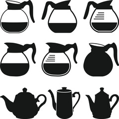 Coffee pots isolated icon Silhouette, tea pots set collection silhouettes, Coffee Makers Kitchen with white Background