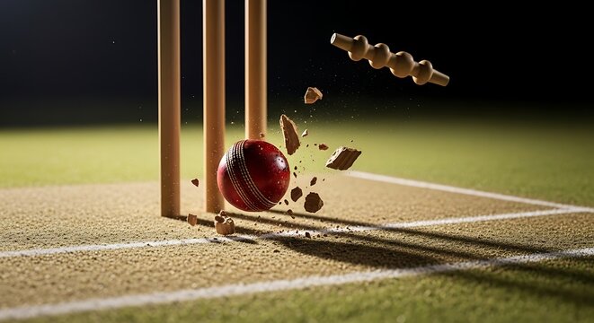 Dramatic cricket action close up ball hitting wicket intense sporting moment captured in low light