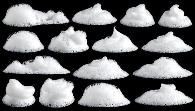 A grid of various foamy formations isolated on a black backdrop. Each foam pile showcases a unique shape, texture, and density