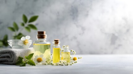 Bottles of essential oil with wildflowers and towels on light background.