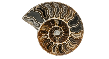 An isolated on transparent background closeup shot of an ammonite fossil, showcasing its intricate spiral pattern and unique geological formation