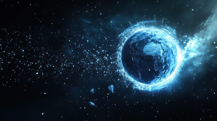 Naklejka premium Digital rendering of a glowing blue planet in a starry space environment