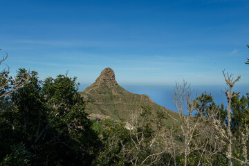Roque de Taborno peak surrounded by green vegetation, Tenerife island, clear sky