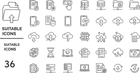 Cloud computing icons, file upload symbols, download graphics, database illustrations, online storage icons, sync signs, server icons, backup symbols, network icons, digital data