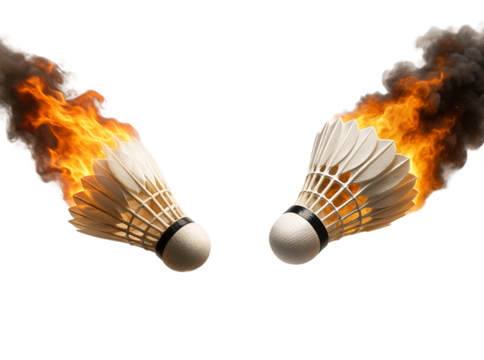 Set of shuttlecocks: Flaming badminton shuttlecocks on a transparent background. Speed. Game. Drive.