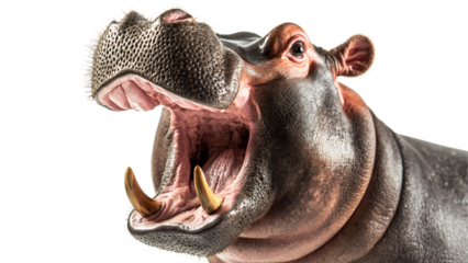 Hippo with its mouth open wide is displayed on transparent background showcasing its large teeth and textured skin. image captures animal powerful presence and unique features