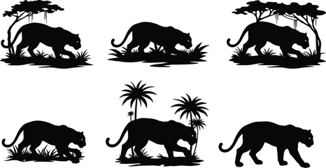 PrintPanther silhouette in jungle forest, wild predator vector artwork, exotic feline walking under trees, dangerous carnivore animal design, wildlife hunting illustration scene