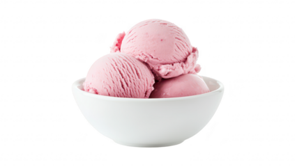 A close-up view of three scoops of pink strawberry ice cream in a white bowl. a smooth texture and color. perfect for dessert menus or food photography