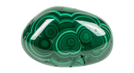 A polished malachite stone isolated on transparent background, displaying its vibrant green color and unique banded pattern, perfect for jewelry or mineral collection