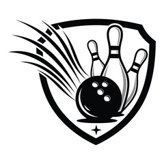 Dynamic bowling emblem featuring pins and ball with motion lines inside a shield silhouette