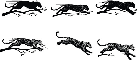PrintRunning jaguar silhouette, leaping leopard vector, wild panther artwork, predator animal drawing, jungle feline illustration, exotic beast sprinting on tree branch