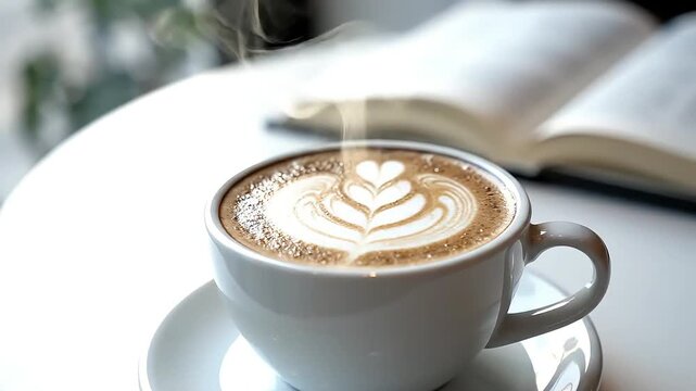 Close-up of a steaming hot latte with beautiful heart-leaf latte art in a white ceramic cup on a table next to a blurred open book evoking cozy morning comfort 