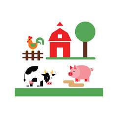 Charming flat design illustration of a farm scene with barn rooster cow and pig