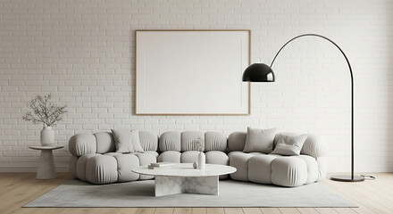 Cozy and inviting living room with a plush sectional sofa, a blank picture frame for personalization, and a stylish floor lamp, creating a comfortable and modern space