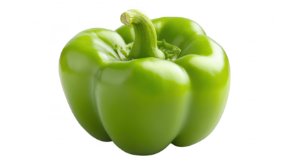 A green bell pepper sits prominently on a clean white background. its glossy texture and natural curves. ideal for culinary use or food-related projects