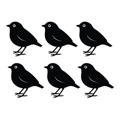 Six silhouettes of small black birds standing facing left isolated on white silhouette
