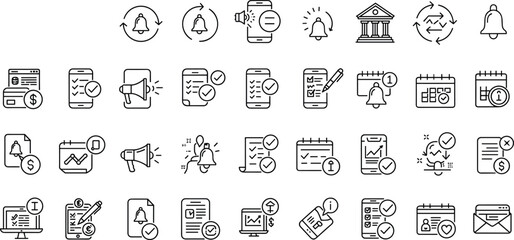 Finance icon set, mobile tools, calendar symbols, notification elements, productivity graphics, business charts, digital interface, vector illustration, UI design