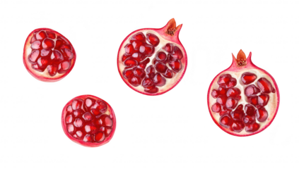 Freshly cut pomegranate halves and seeds arranged artistically on a clean white background. their red color and juicy texture. ideal for culinary or health-related uses