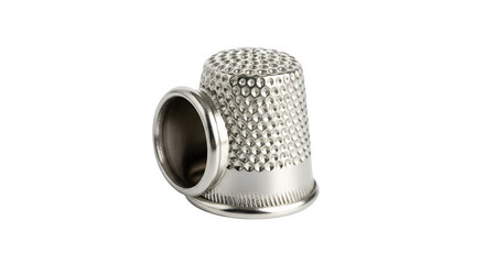 Closeup of a shiny silver thimble isolated on transparent background, a small cap worn over the fingertip to protect it from being pricked or poked
