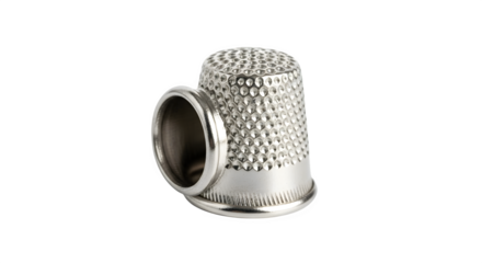 Closeup of a shiny silver thimble isolated on transparent background, a small cap worn over the fingertip to protect it from being pricked or poked