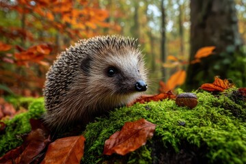 Fototapeta premium Autumn orange leaves with hedgehog. European Hedgehog, Erinaceus europaeus, on a green moss at the forest, photo with wide angle. Hedgehog in dark wood, autumn image.Cute funny animal with ...