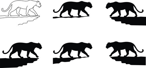 PrintWalking panther silhouette, jaguar on cliff, wild feline vector, predator animal illustration, jungle beast artwork, exotic cat design for stock images