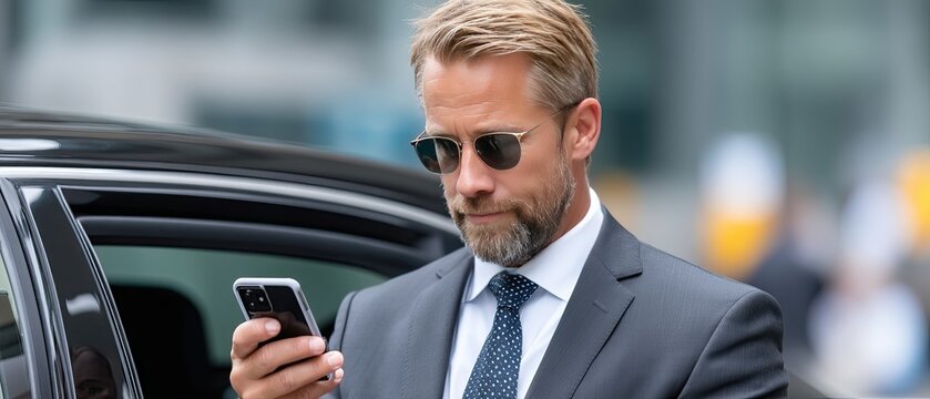 A well-dressed man strides confidently to a private jet, on the phone, blending professionalism with leisure