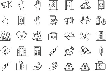 Medical emergency icon set, healthcare symbols, hospital tools, patient care graphics, treatment visuals, vector illustration, minimal design assets