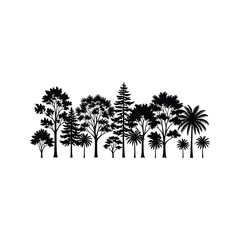 Obraz premium Diverse silhouettes of various trees including palm trees and conifers against white background