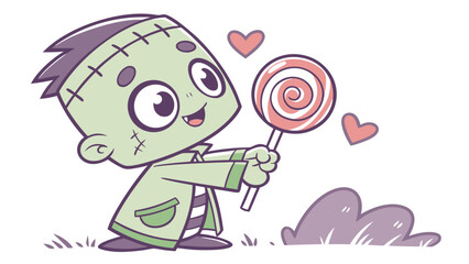 Fototapeta premium Cute Frankenstein Holding a Swirl Lollipop smiling