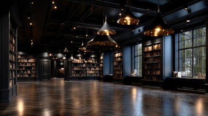 Fototapeta premium Soft candlelight and the glow of a lantern create a serene reading space filled with stacked books and flickering candles